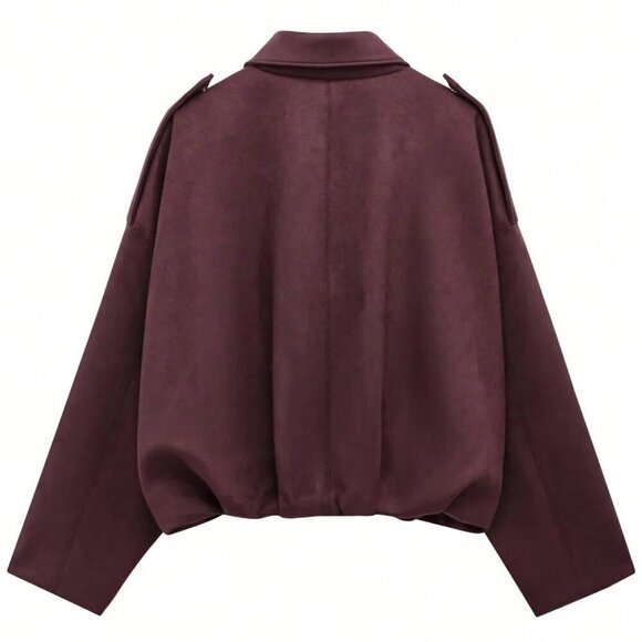 Burgundy Casual Women's  Loose Long Sleeves Zip Bomber Coat Jacket Outerwear - Picture 6 of 6